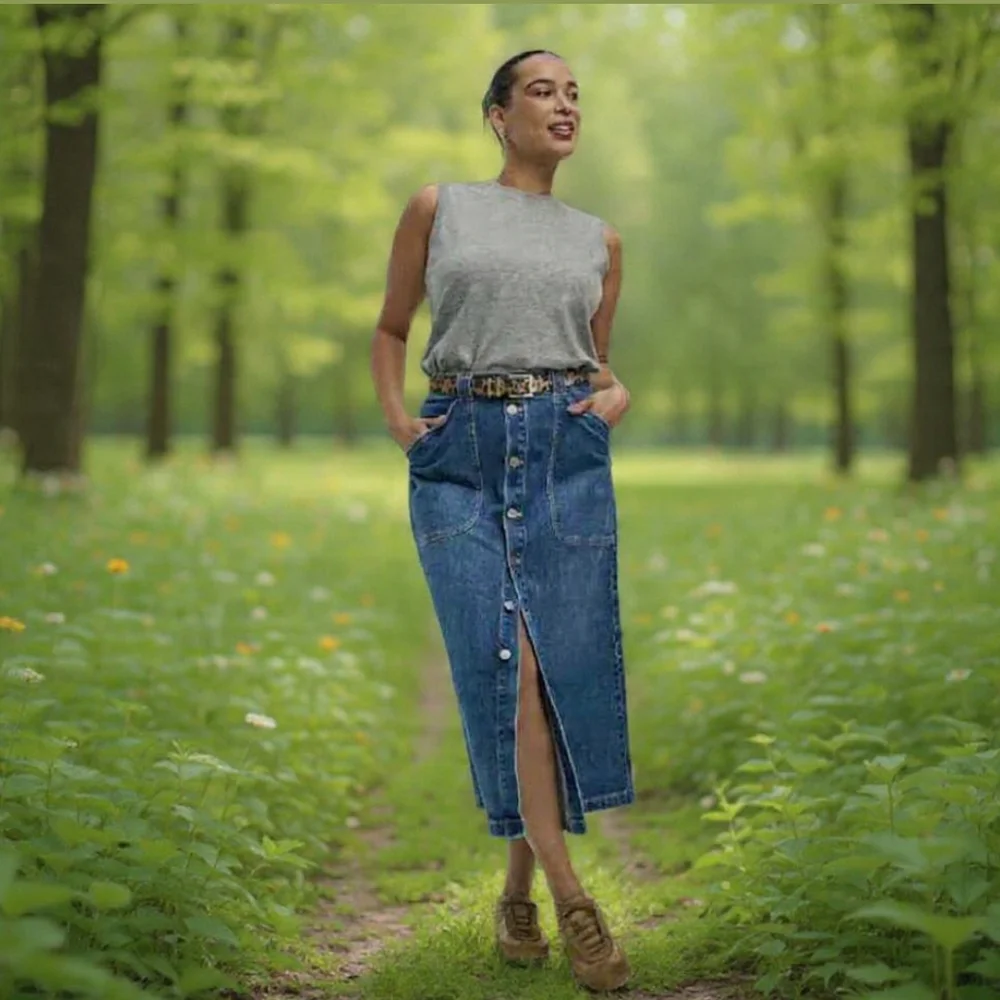 M(26)☘️Reitmans Denim Blue Midi Skirt with Button Detail - Picture 2 of 9